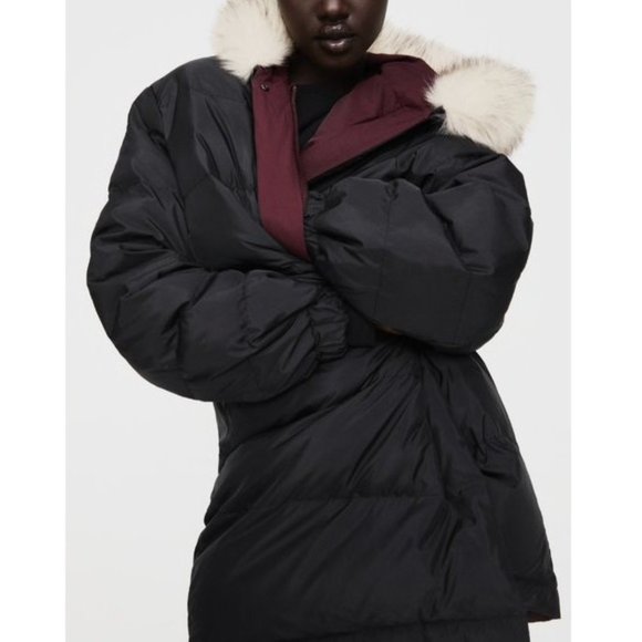 Zara Reversible Duck Down Oversized Relaxed Faux Fur Hood Puffer Jacket S - Picture 2 of 15